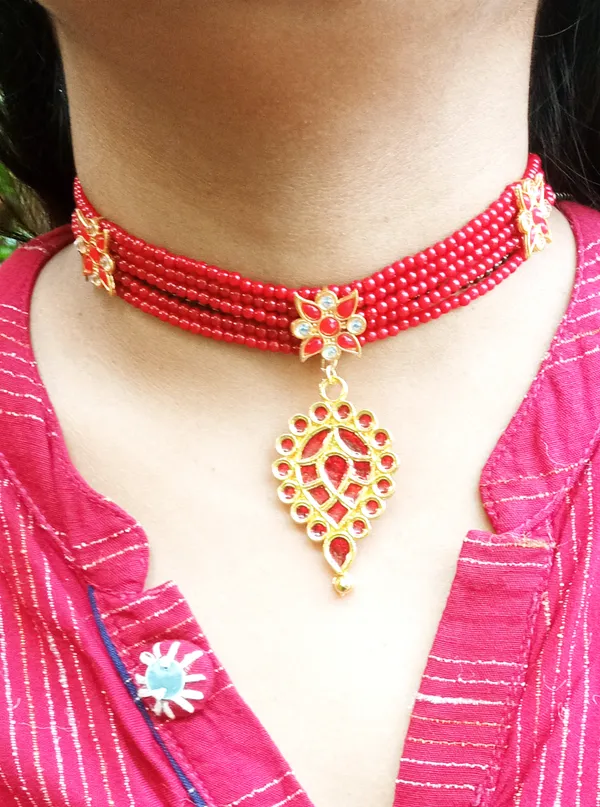 Assamese_Traditional_Gold_Plated_Red_Colour_Tassel_Golplata_Necklace_Set_For_Women